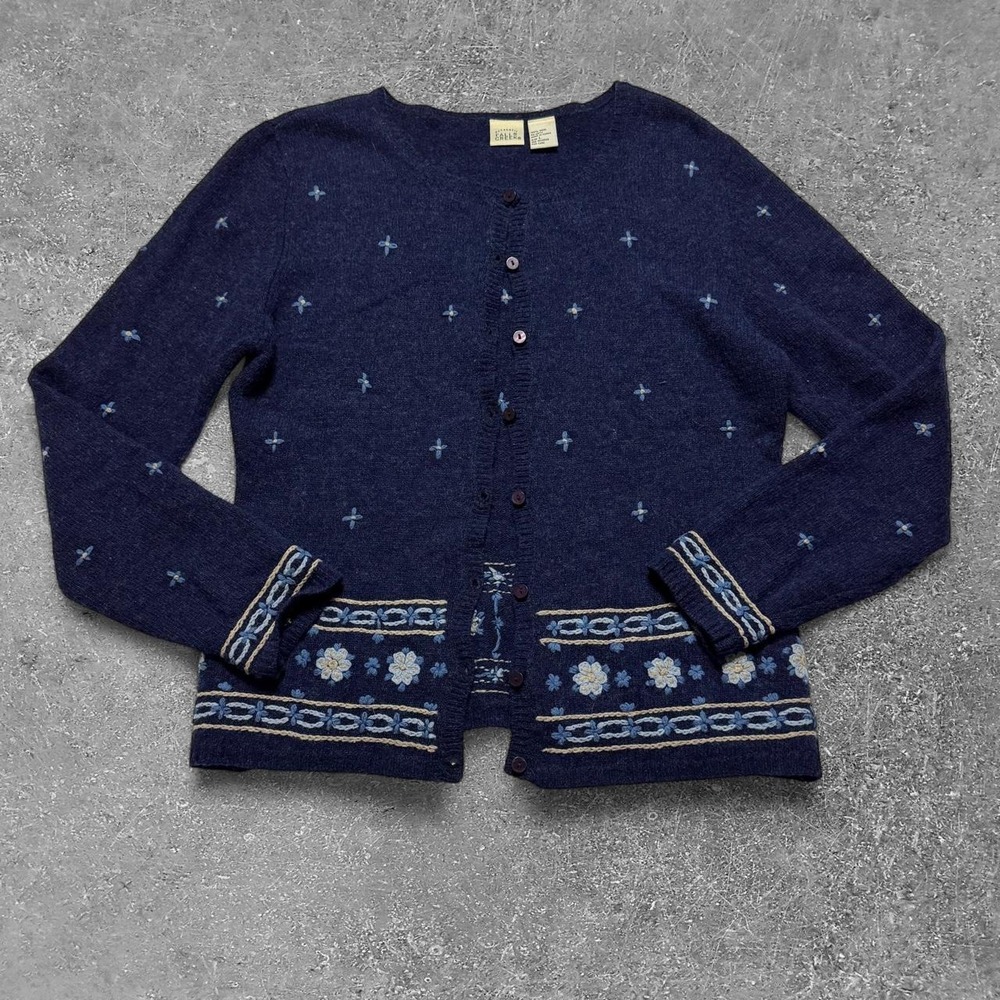 Falls Creek Women Navy Blue 100% Wool Floral Embroidered Cardigan Sweater Large